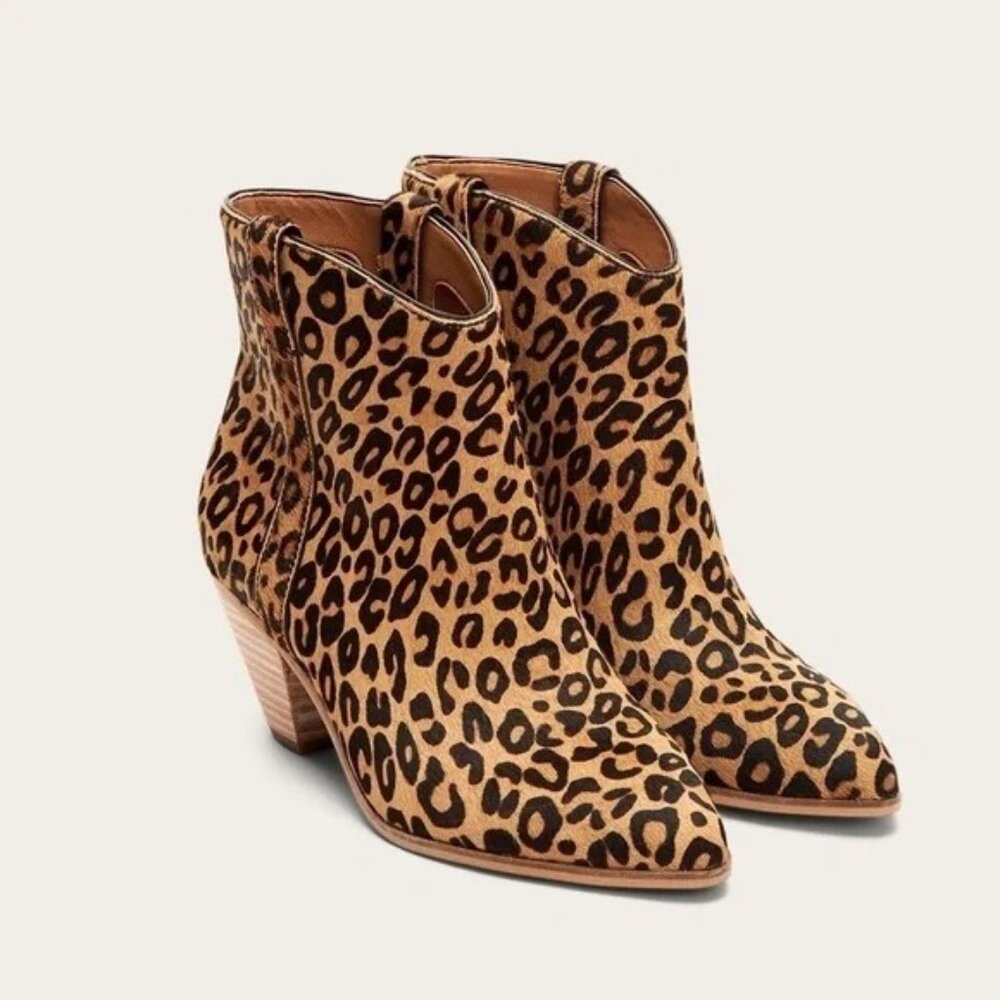 Frye & Co | Haley Leopard Print Pointed Toe Booties | Ocelot Animal Print | 9